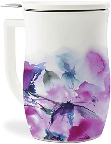 Tea Forte Kati Cupi Ceramic Tea Infuser Cup, פריחת דובדבן + ספל תה קרמי של פיורה, Blossom של ורבנה | כוסות תה עם סלי infuser ומכסים לניצול
